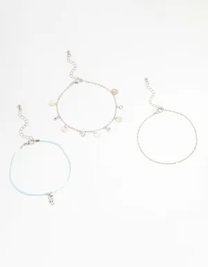 Silver Genuine Shell  Seahorse  Anklets 3-Pack