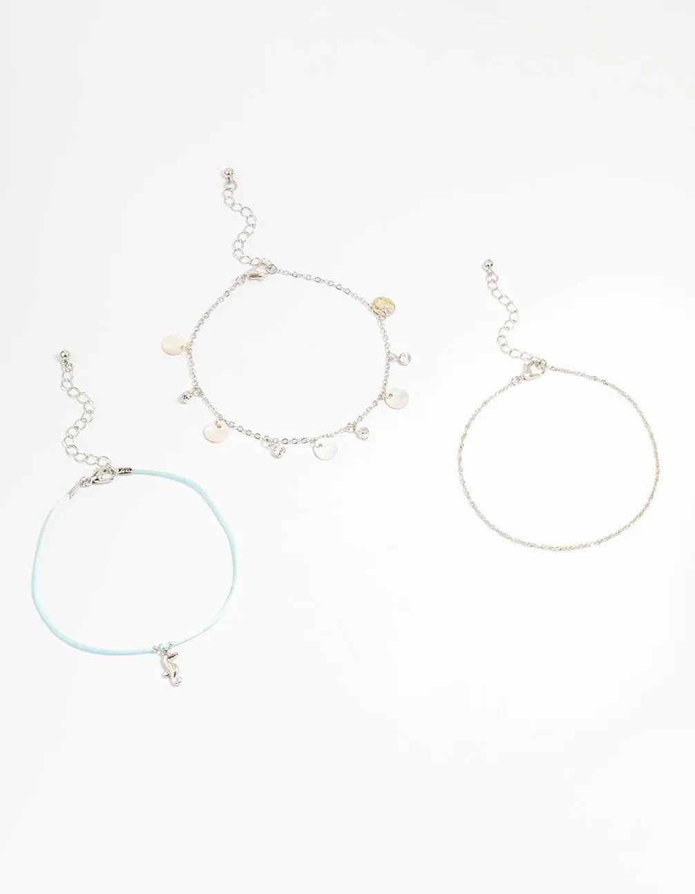 Silver Genuine Shell  Seahorse  Anklets 3-Pack