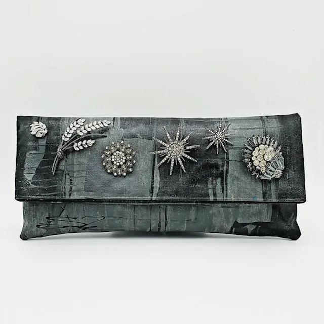 Silver, Gray and Black with Rhinestone Cluster