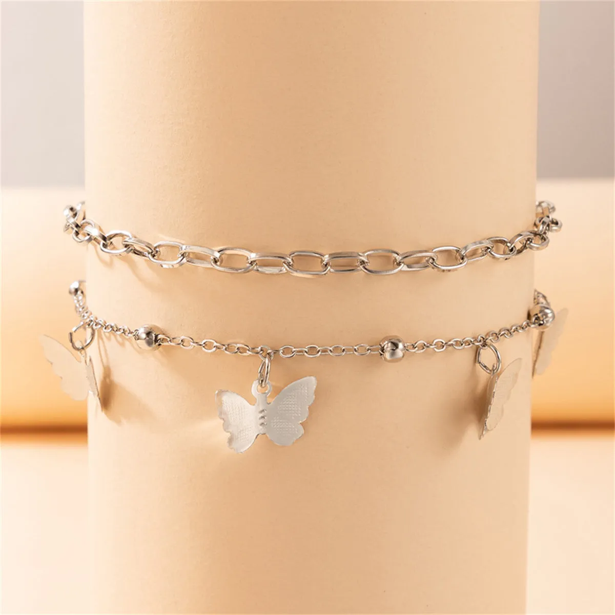 Silver-Plated Butterfly Station Chain Anklet Set