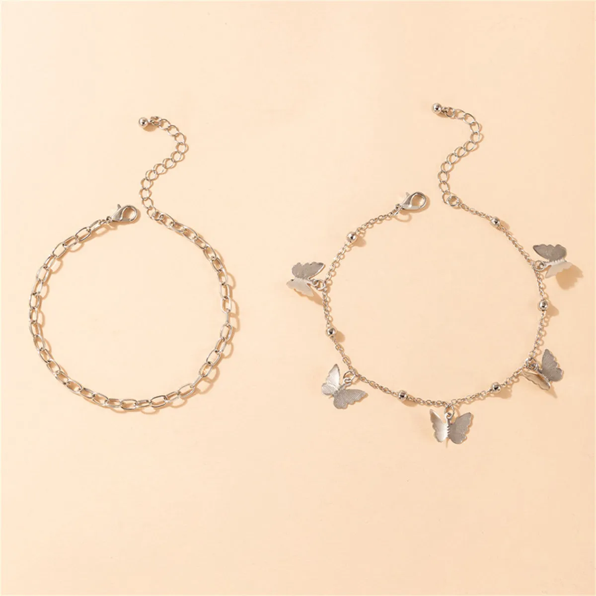 Silver-Plated Butterfly Station Chain Anklet Set