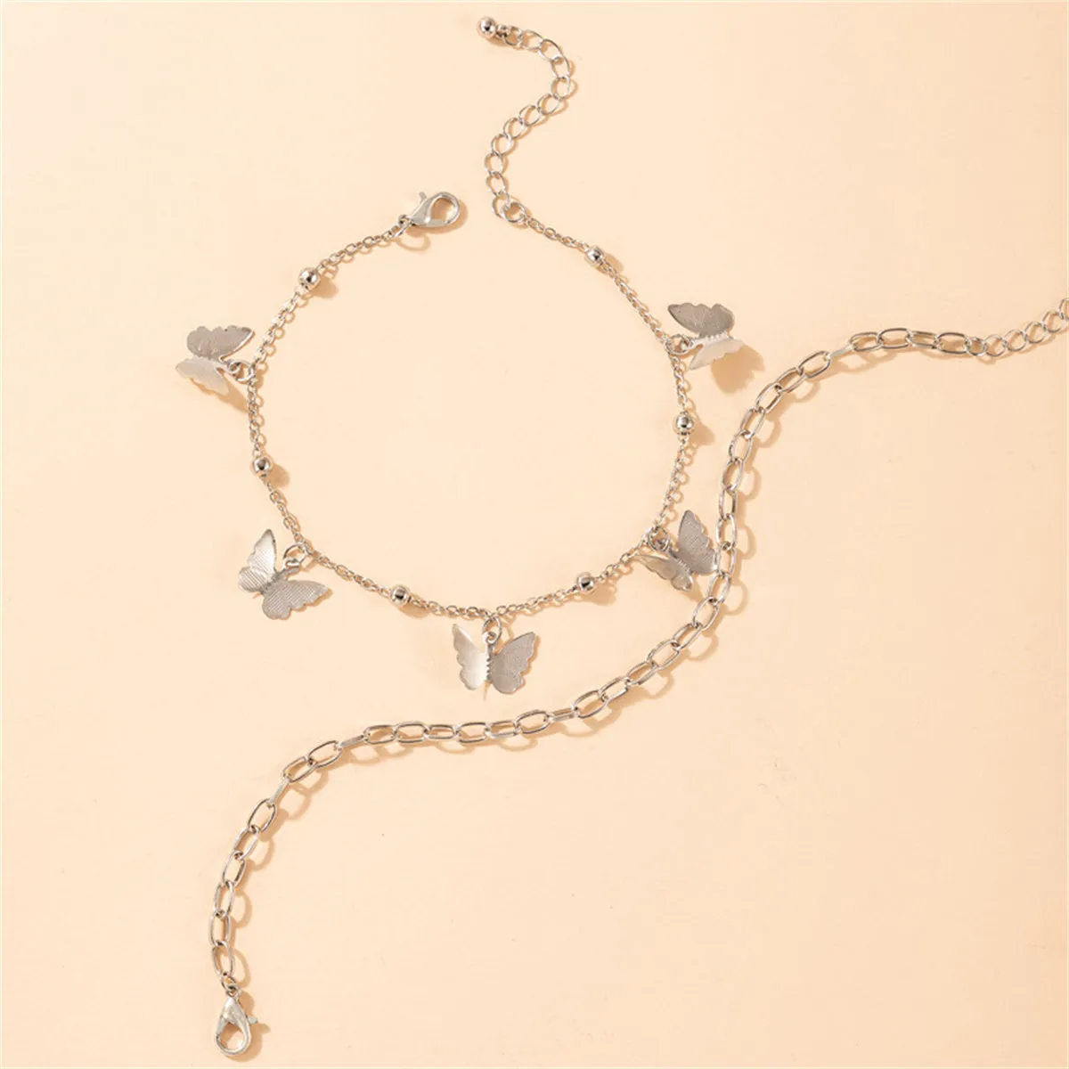 Silver-Plated Butterfly Station Chain Anklet Set