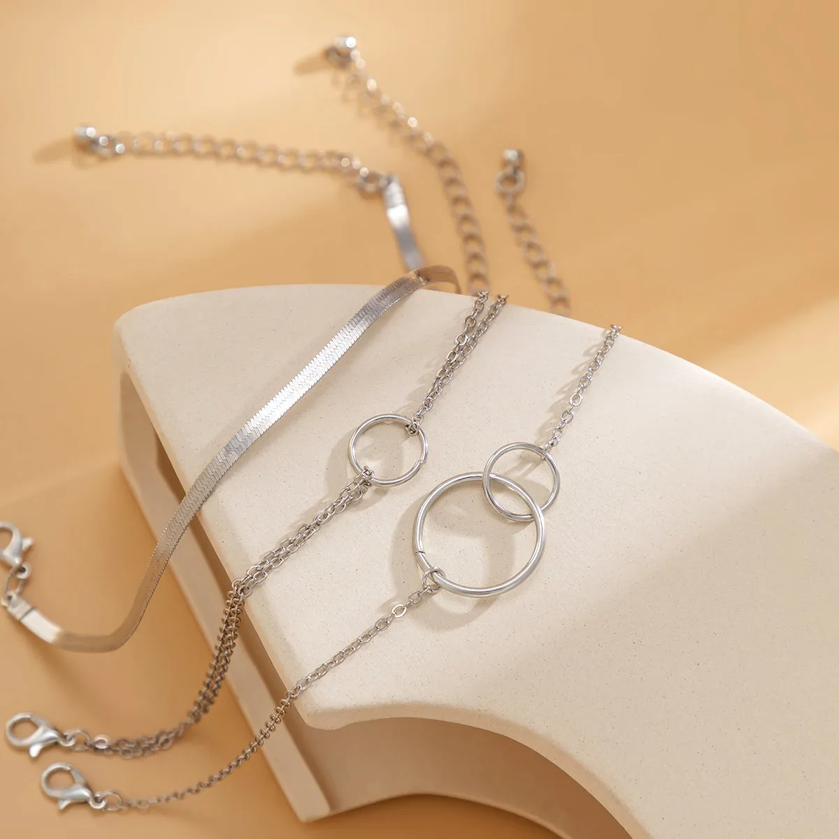 Silver-Plated Interlocked-Circle Snake-Chain Anklet Set