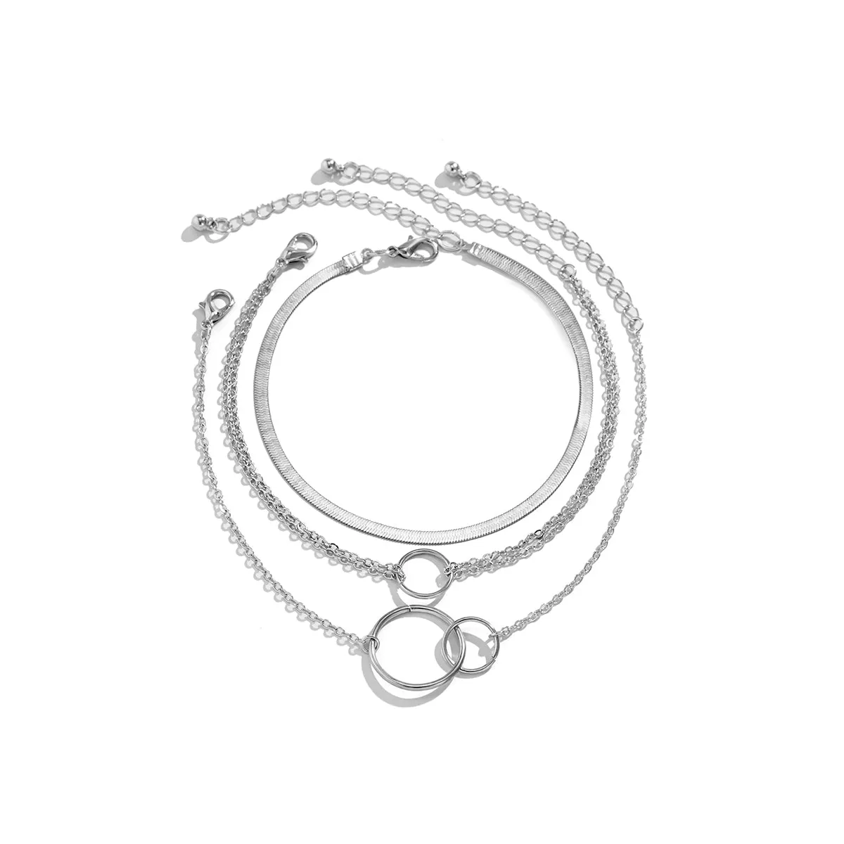 Silver-Plated Interlocked-Circle Snake-Chain Anklet Set