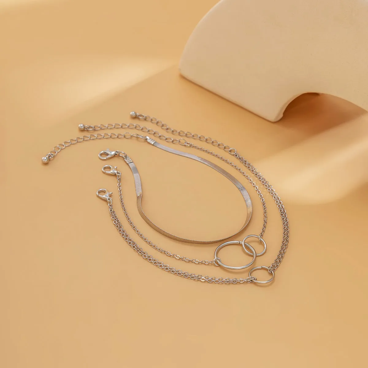 Silver-Plated Interlocked-Circle Snake-Chain Anklet Set
