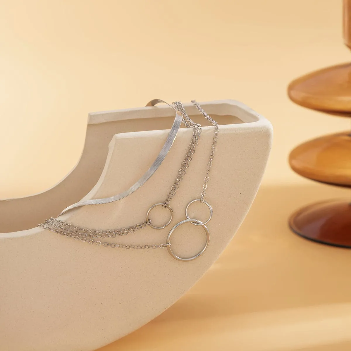 Silver-Plated Interlocked-Circle Snake-Chain Anklet Set