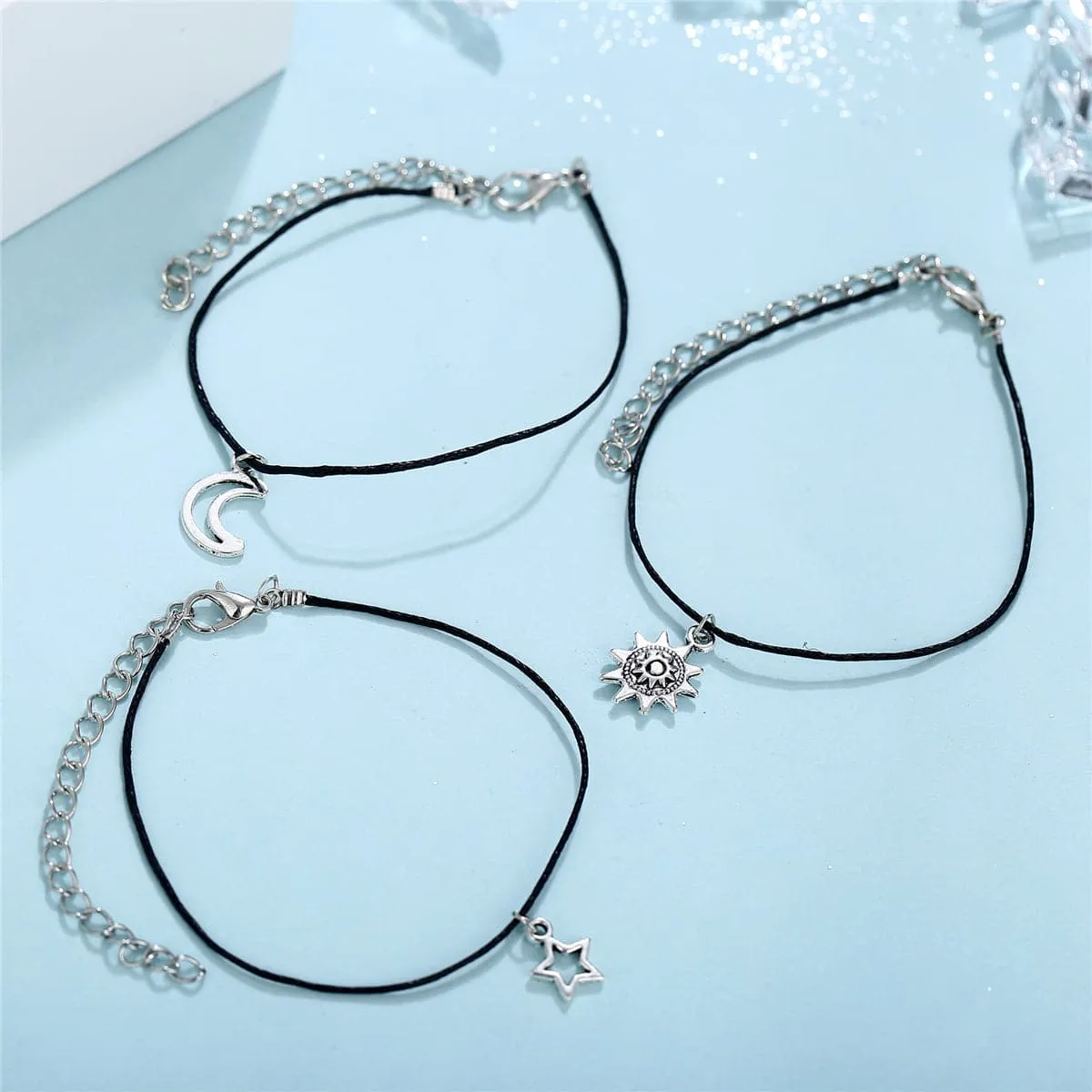 Silver-Plated Moon & Star Charm Anklet Set