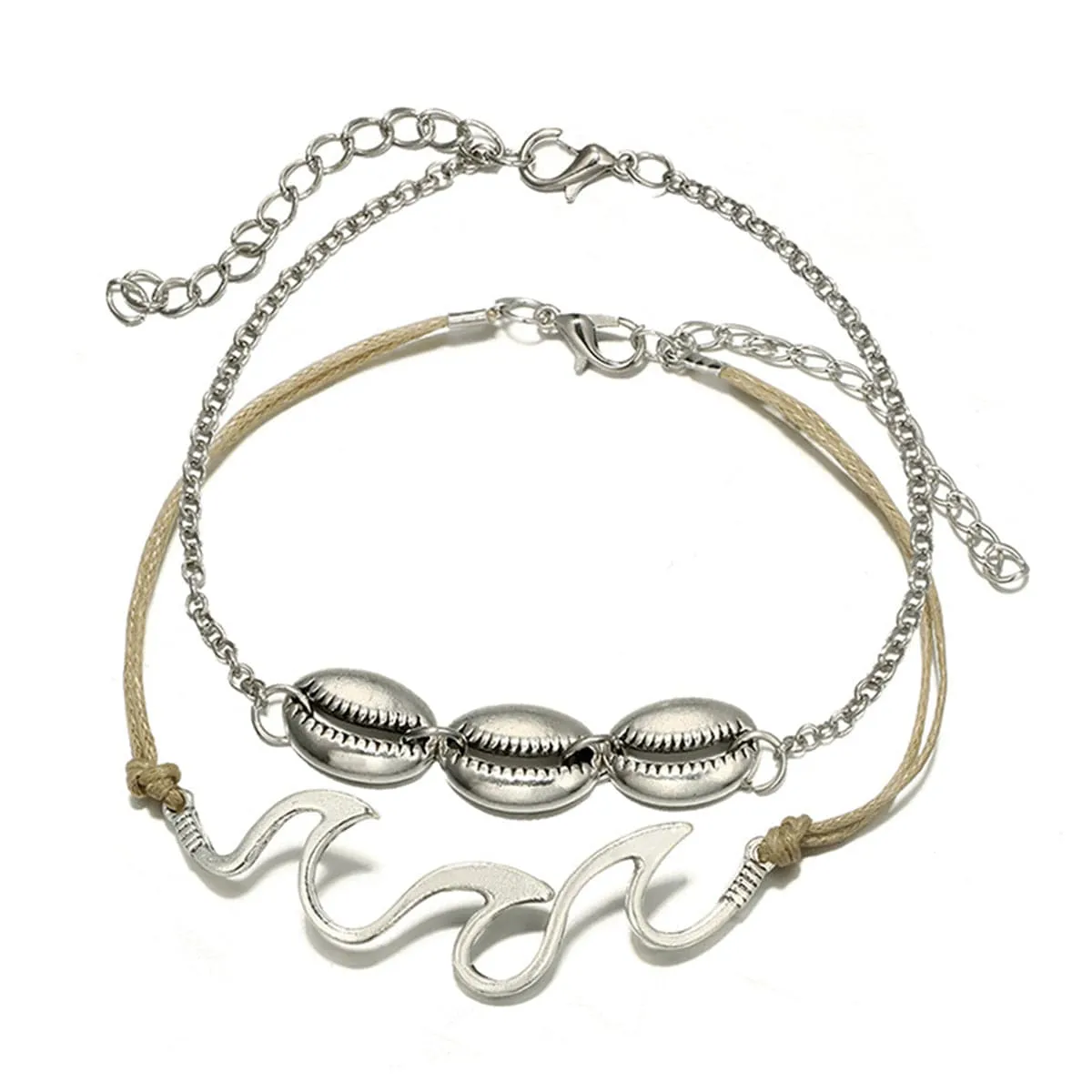 Silver-Plated Shell & Wave Charm Anklet Set