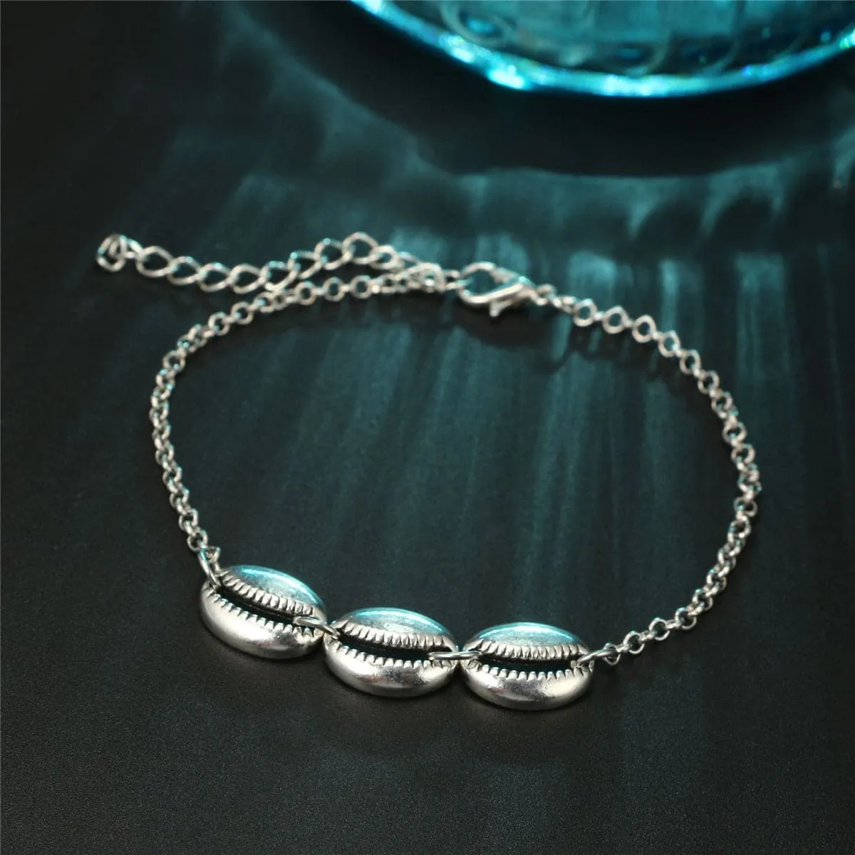 Silver-Plated Shell & Wave Charm Anklet Set