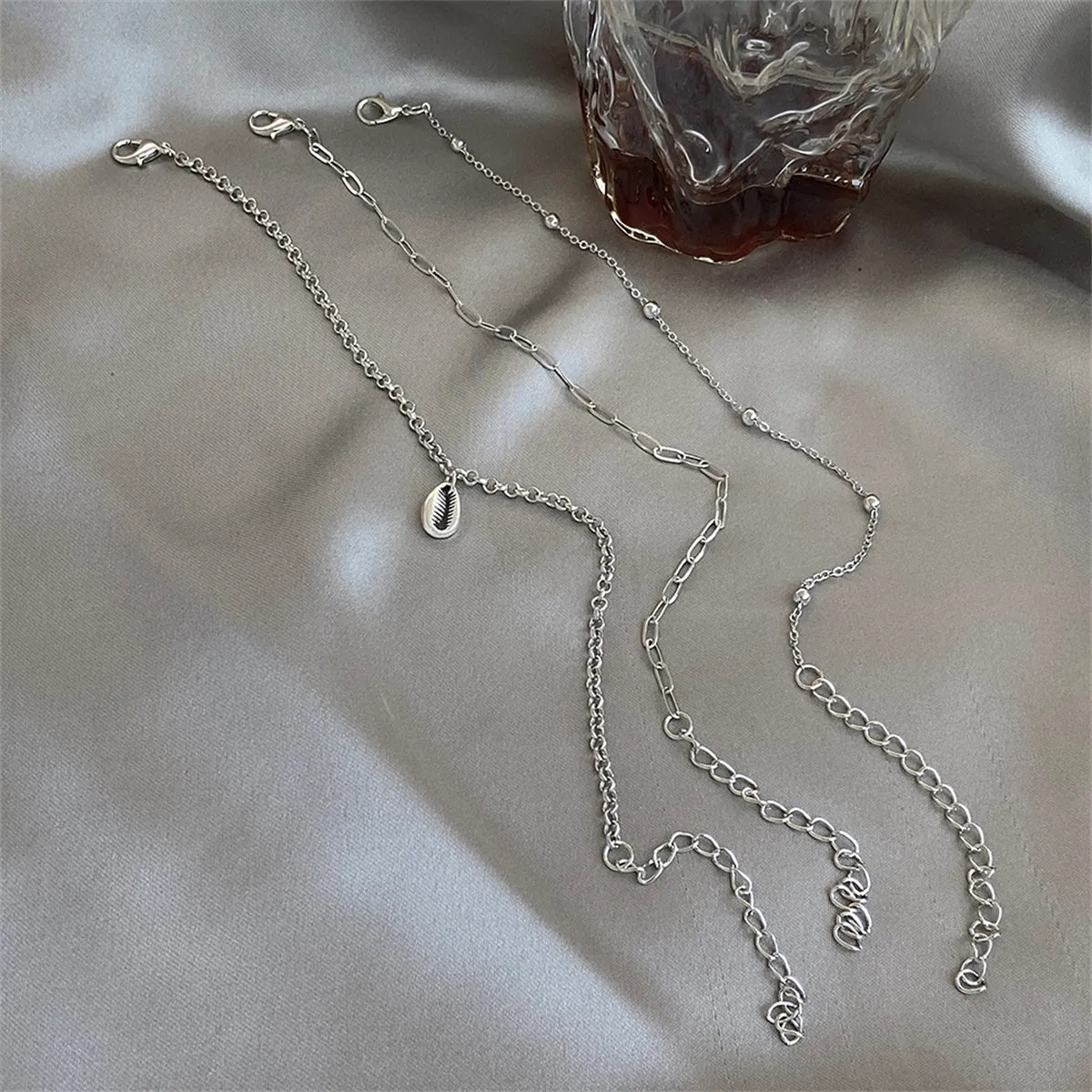 Silver-Plated Shell Charm Anklet Set