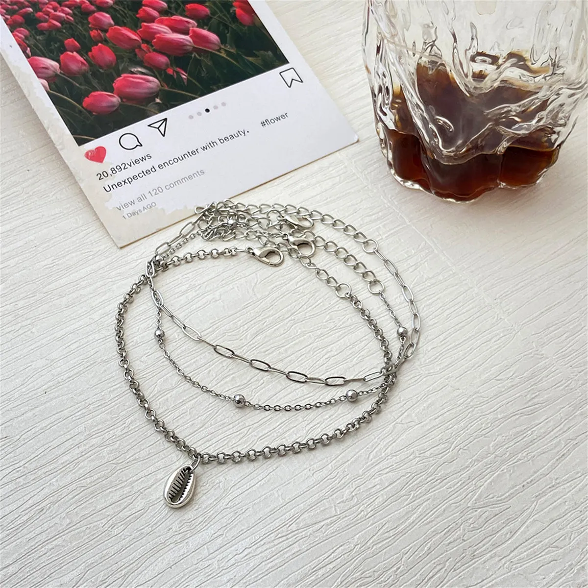 Silver-Plated Shell Charm Anklet Set