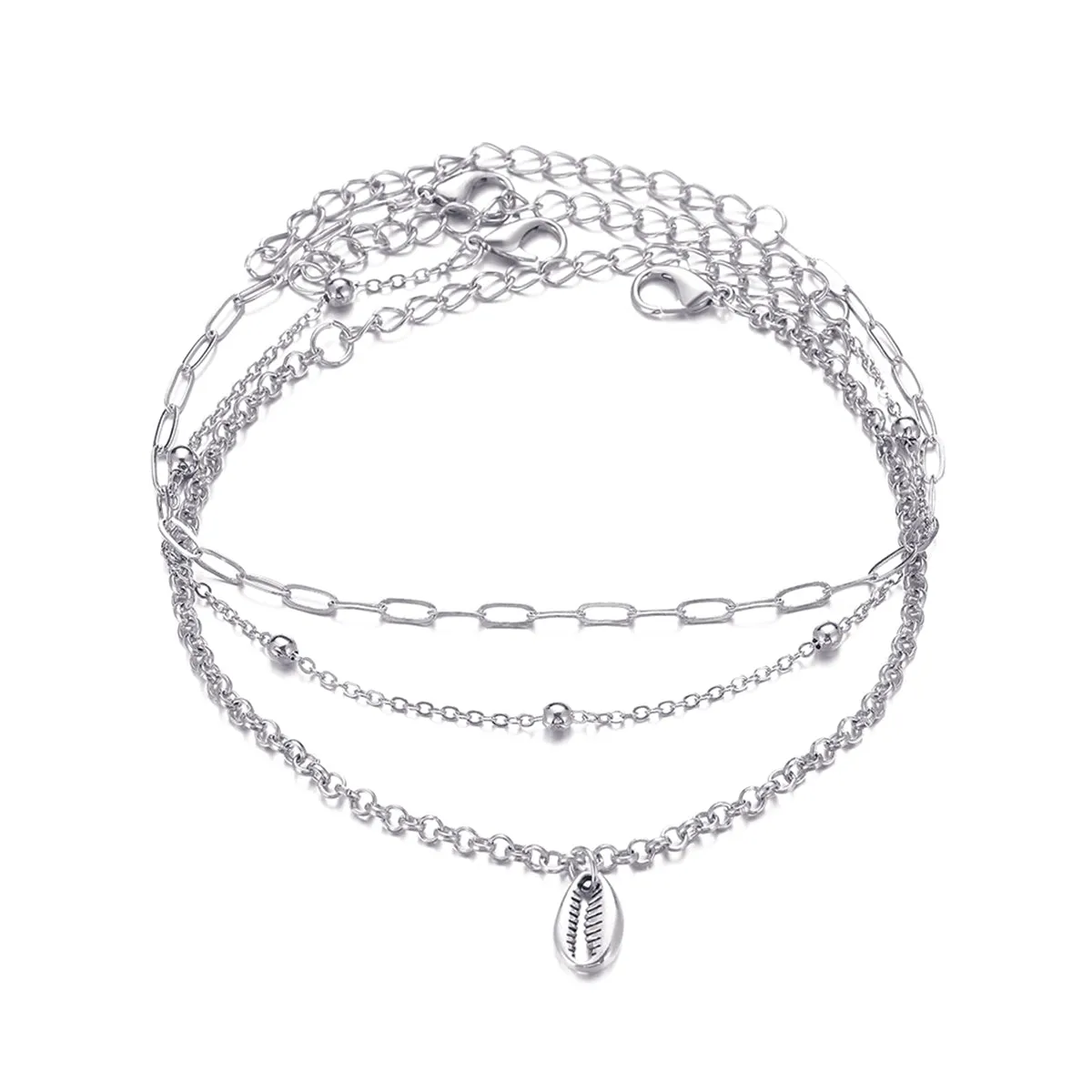 Silver-Plated Shell Charm Anklet Set
