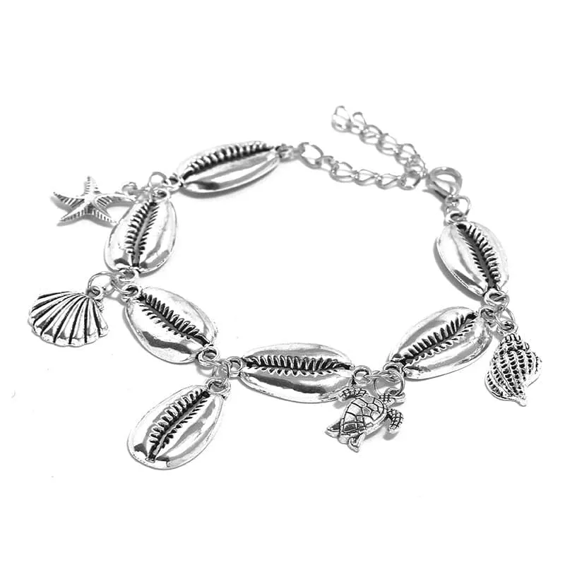 Silver-Plated Starfish & Shell Charm Anklet