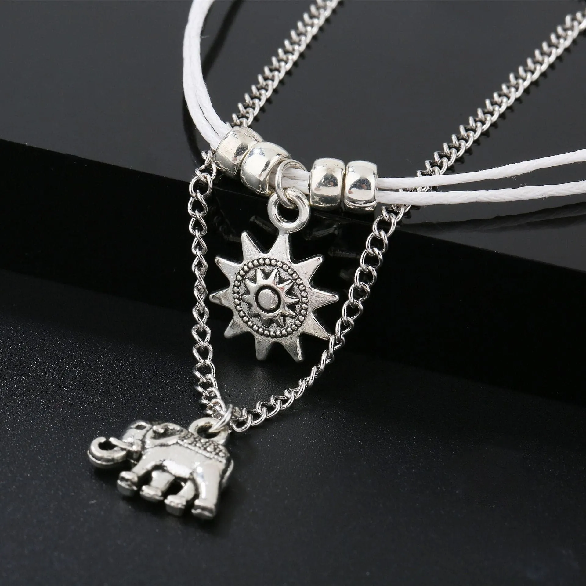 Silver-Plated Sun & Elephant Charm Anklet