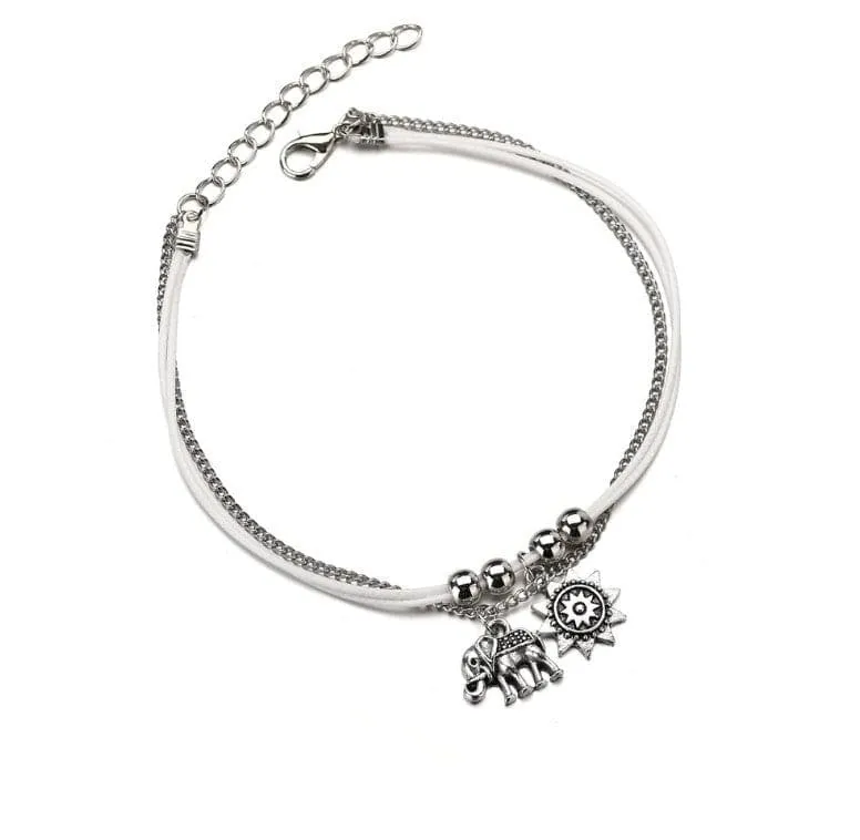 Silver-Plated Sun & Elephant Charm Anklet