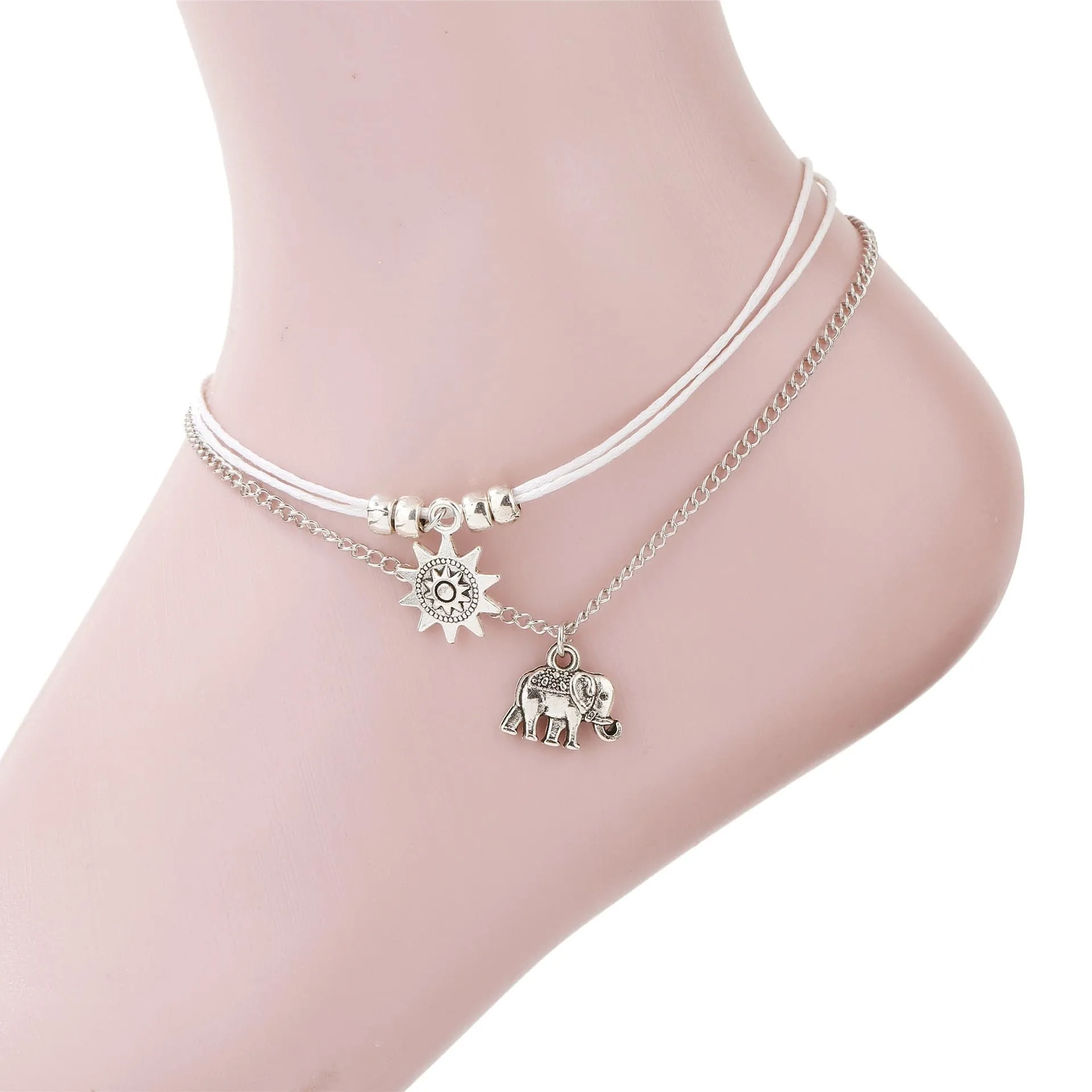 Silver-Plated Sun & Elephant Charm Anklet