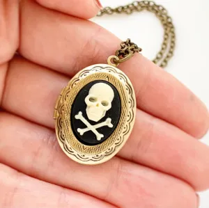 Skull and Crossbones Cameo Locket Necklace - Bronze
