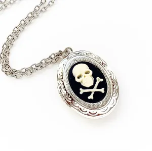 Skull and Crossbones Cameo Locket Necklace - Silver