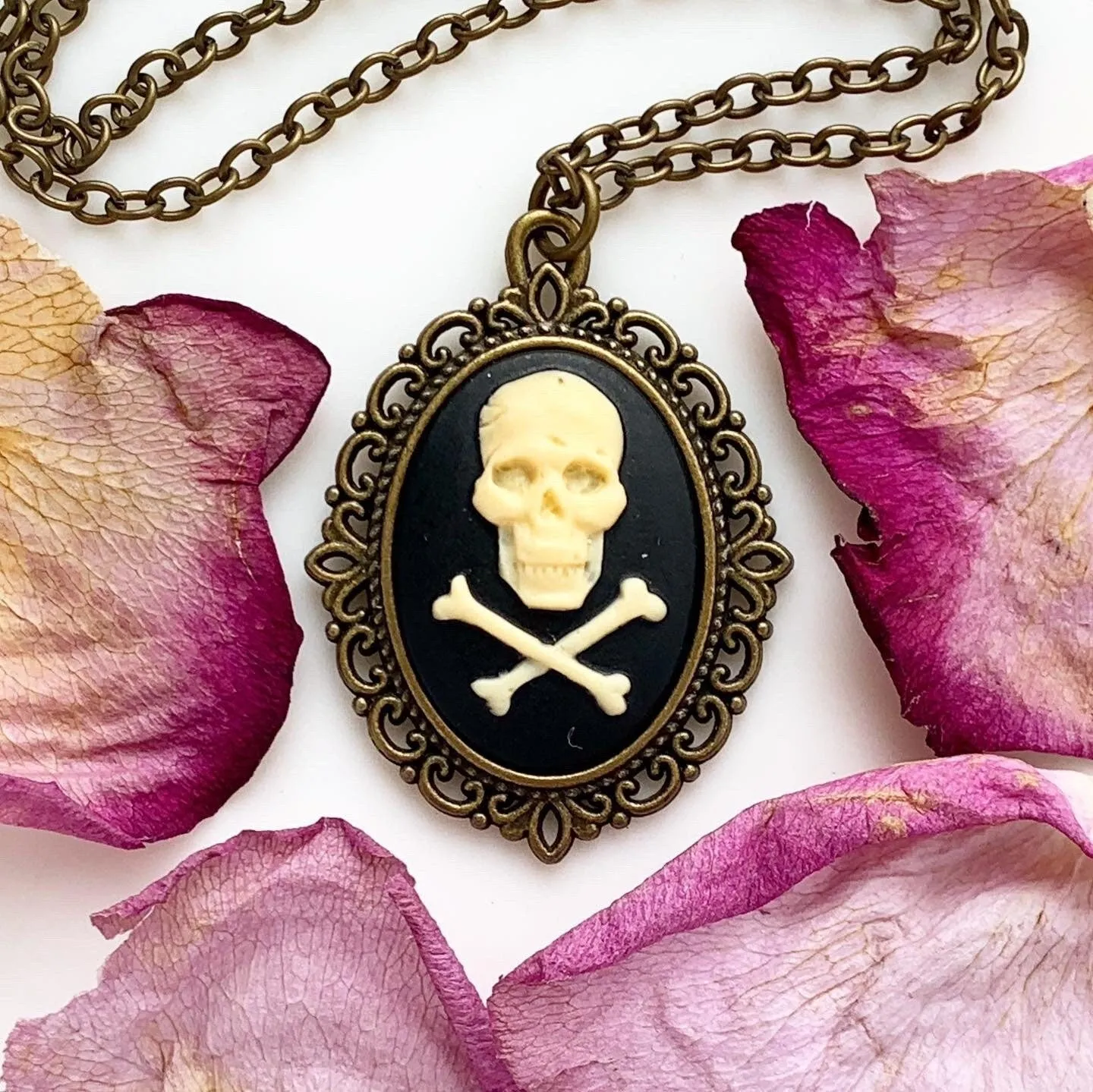 Skull and Crossbones Cameo Necklace / Bronze