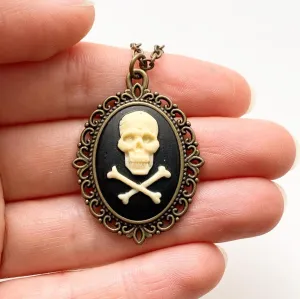 Skull and Crossbones Cameo Necklace / Bronze