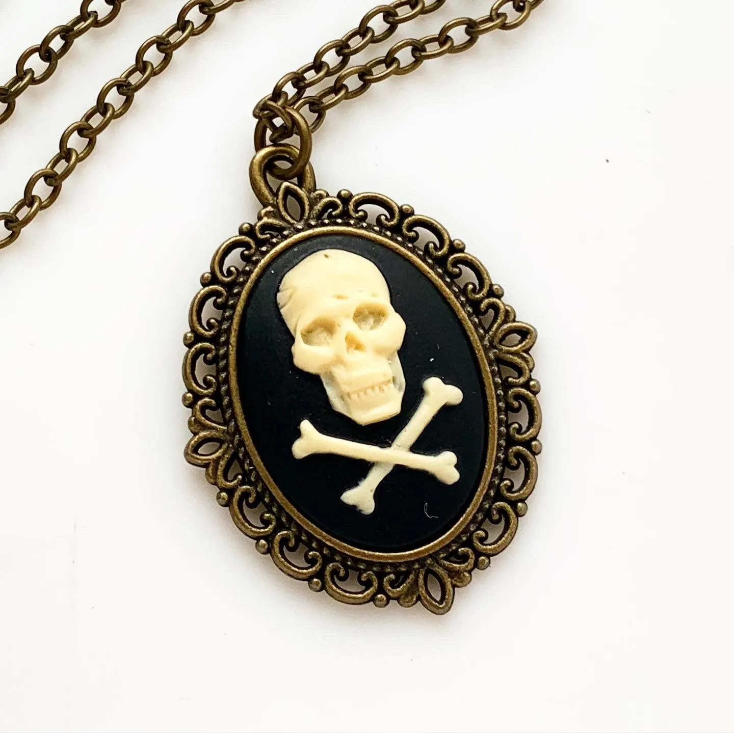 Skull and Crossbones Cameo Necklace / Bronze