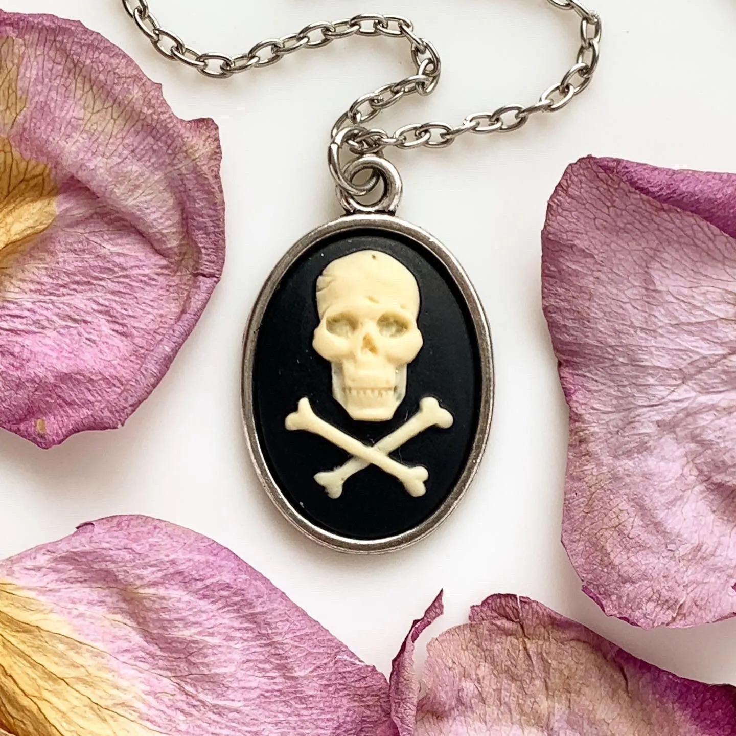 Skull and Crossbones Cameo Necklace in Silver