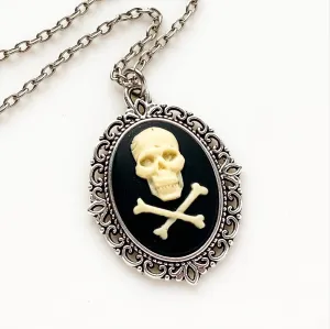 Skull and Crossbones Cameo Necklace / Silver