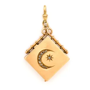 Solid 14K Gold Moon and Star Square Locket