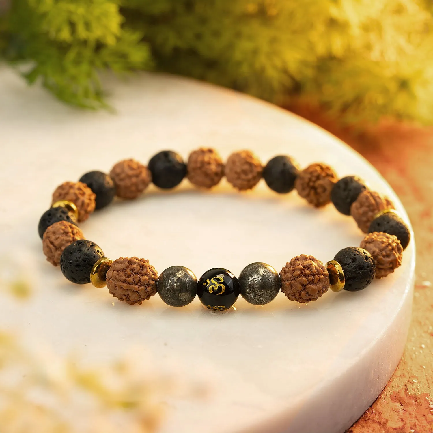Spiritual Rudraksh Natural Stone Pyrite Om Bracelet