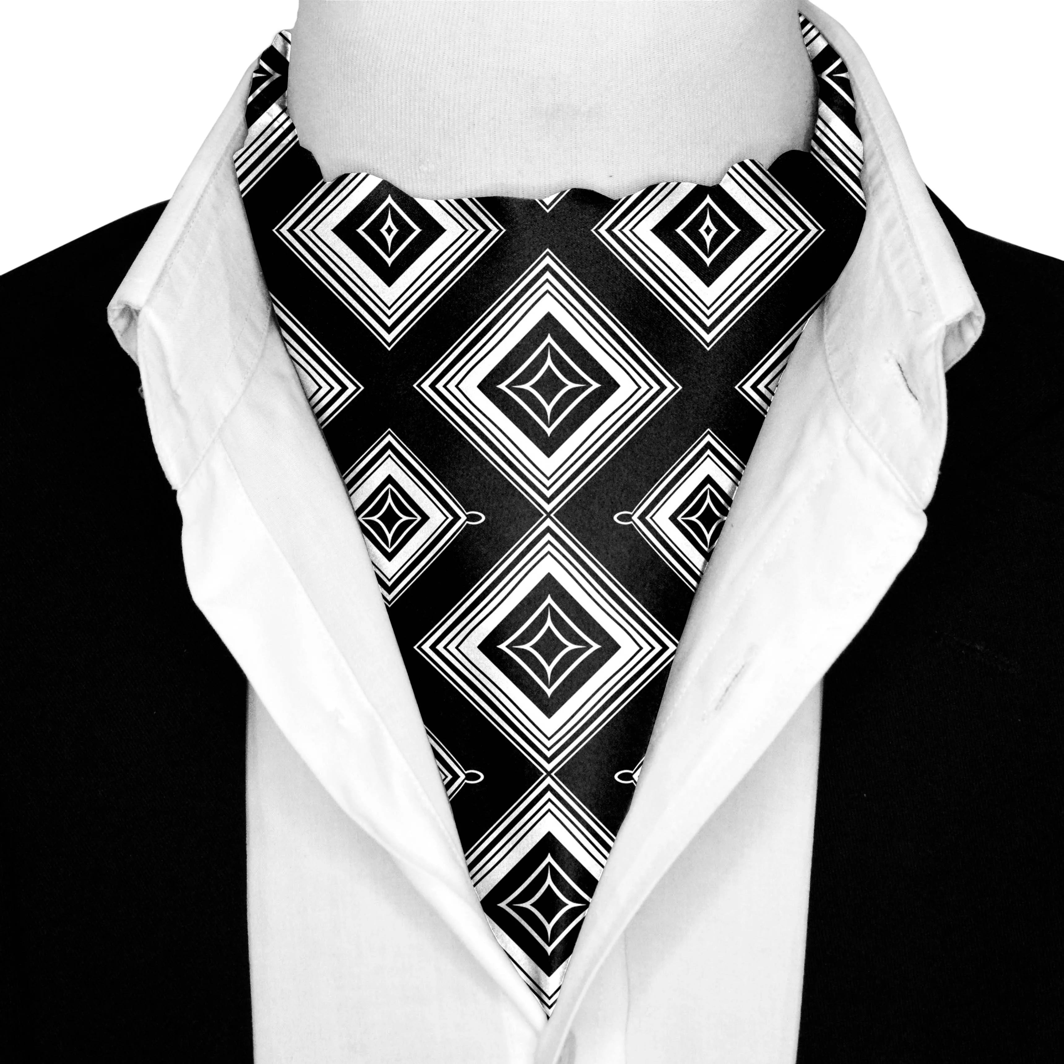 SQUARES GEOMETRIC SILK ASCOT WITH LAPEL PIN AND POCKET SQUARE