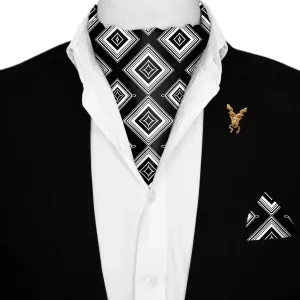 SQUARES GEOMETRIC SILK ASCOT WITH LAPEL PIN AND POCKET SQUARE