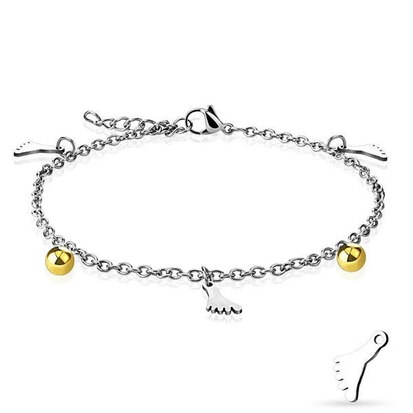 Stainless Steel 9"-10" Foot and Gold Bead Charm Anklet