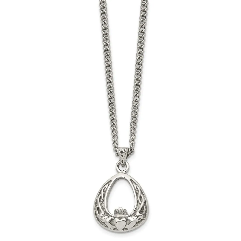Stainless Steel Antiqued and Polished Claddagh 18in Necklace