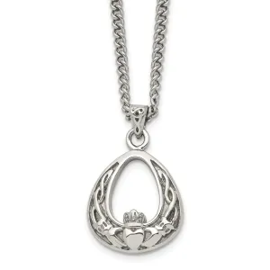 Stainless Steel Antiqued and Polished Claddagh 18in Necklace