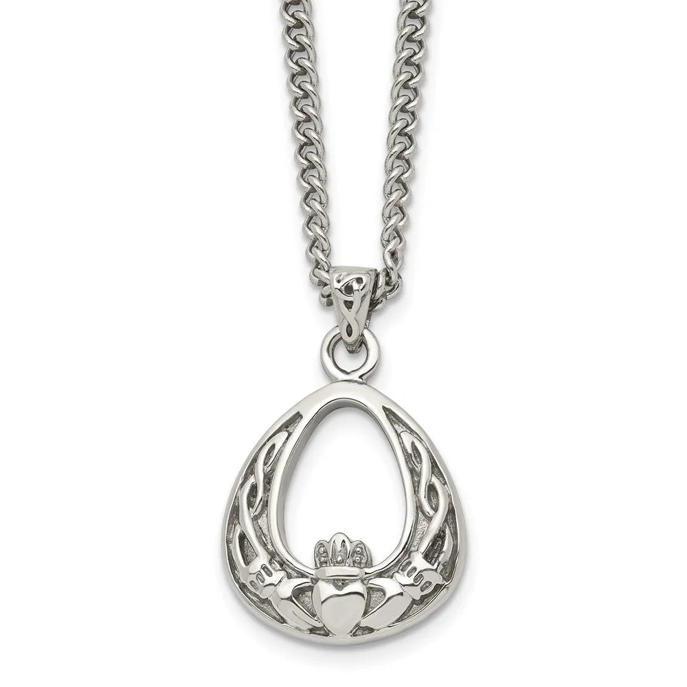 Stainless Steel Antiqued and Polished Claddagh 18in Necklace