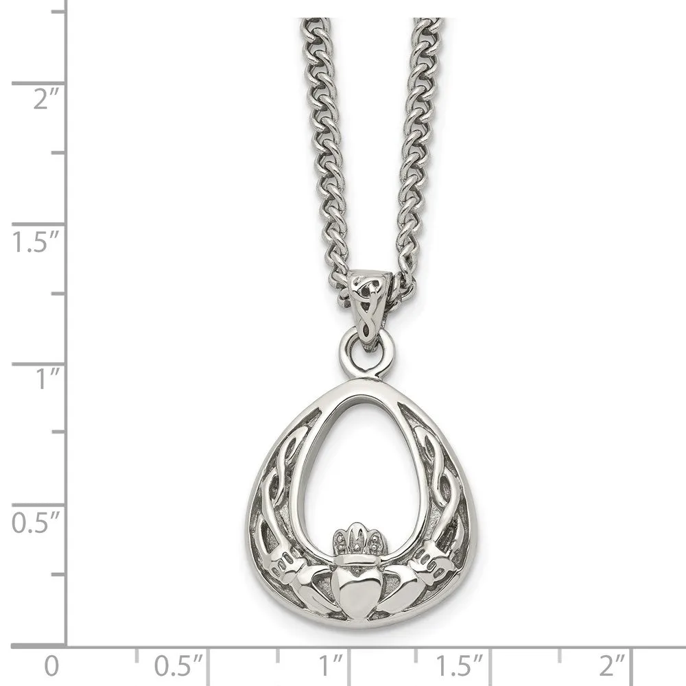 Stainless Steel Antiqued and Polished Claddagh 18in Necklace