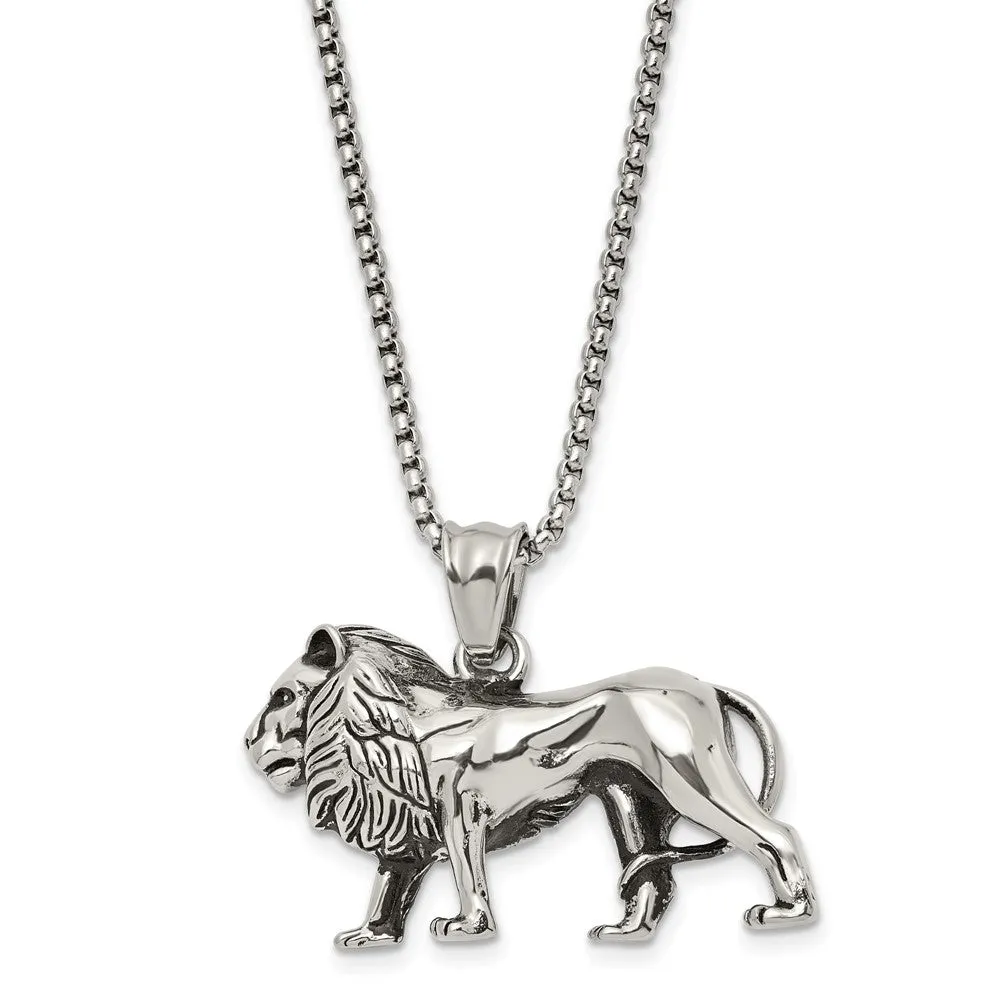 Stainless Steel Antiqued and Polished Lion 25.5in Necklace