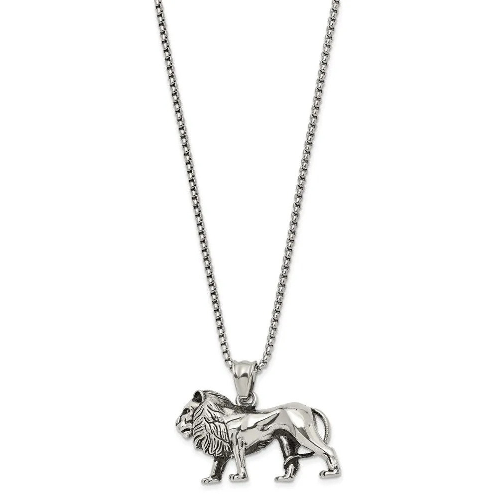 Stainless Steel Antiqued and Polished Lion 25.5in Necklace