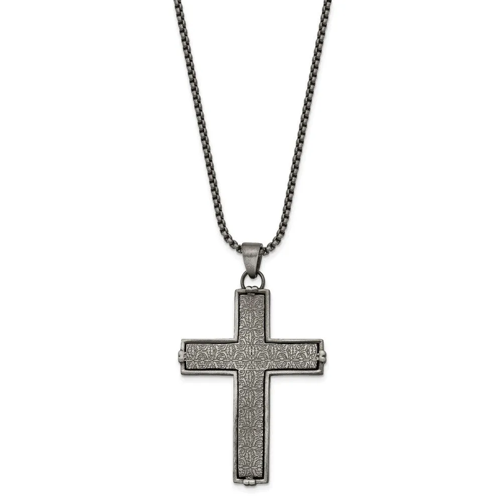 Stainless Steel Antiqued Textured Cross 24in Necklace