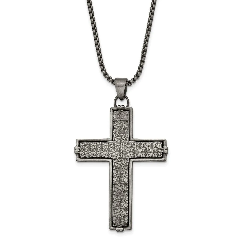 Stainless Steel Antiqued Textured Cross 24in Necklace