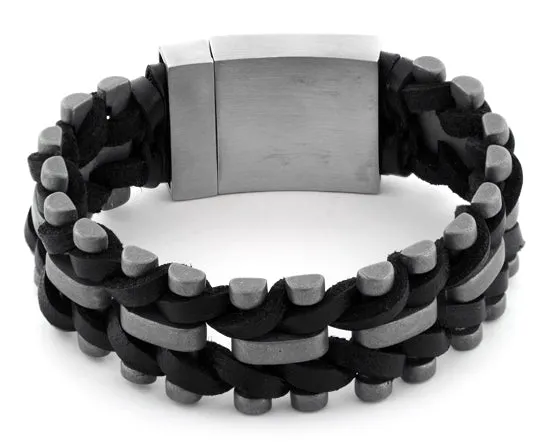 Stainless Steel Black Woven Leather Bracelet