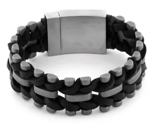 Stainless Steel Black Woven Leather Bracelet