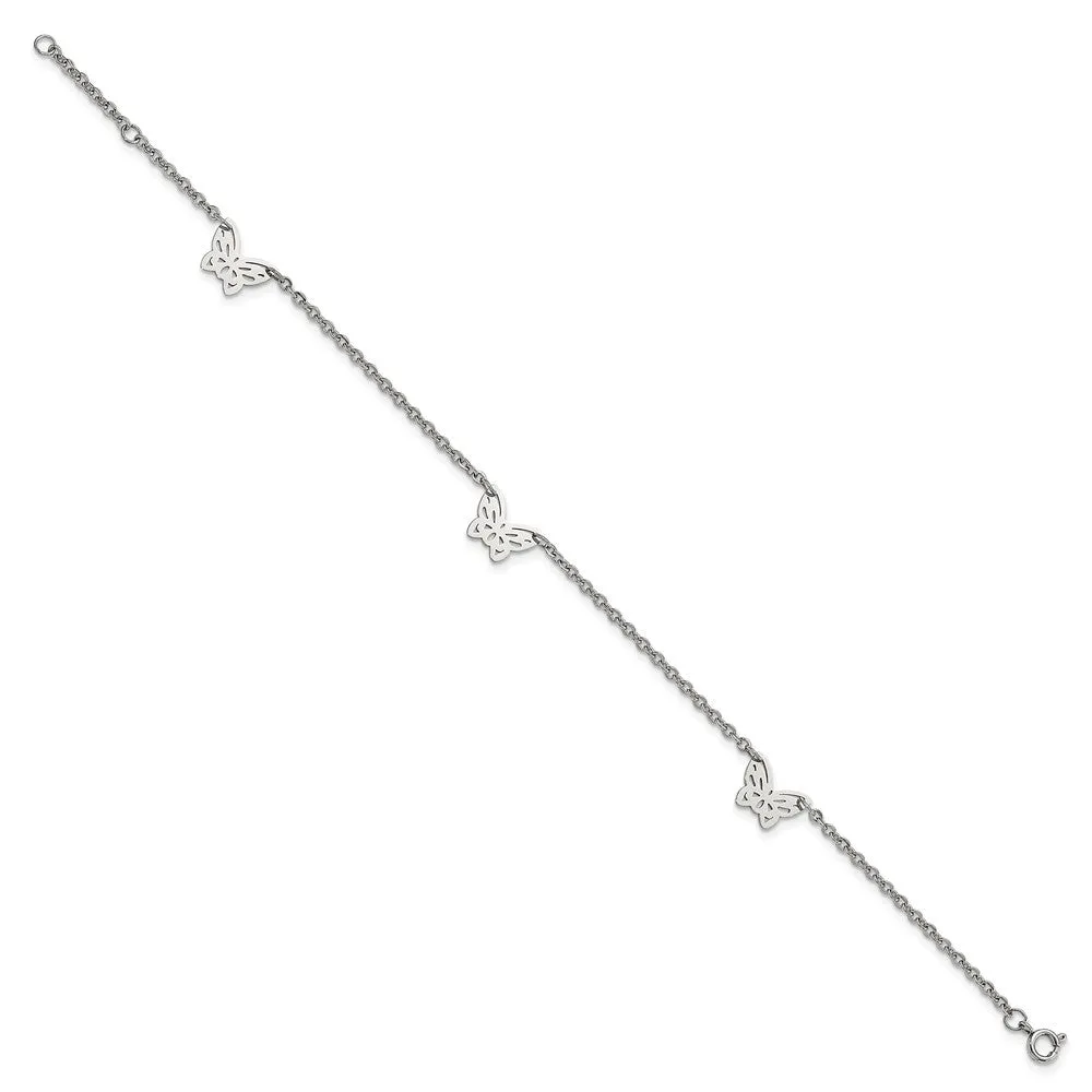 Stainless Steel Polished Butterfly Charms w/1in ext. 9.5in Anklet