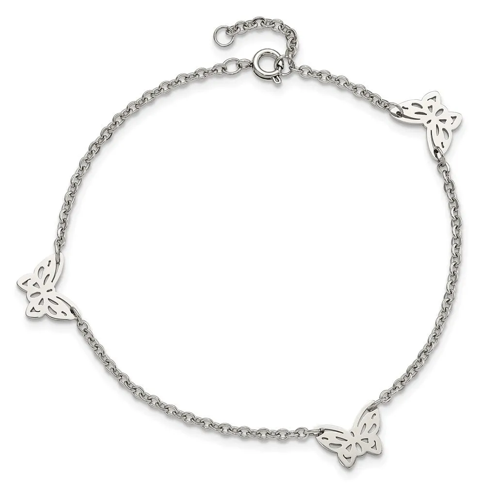 Stainless Steel Polished Butterfly Charms w/1in ext. 9.5in Anklet