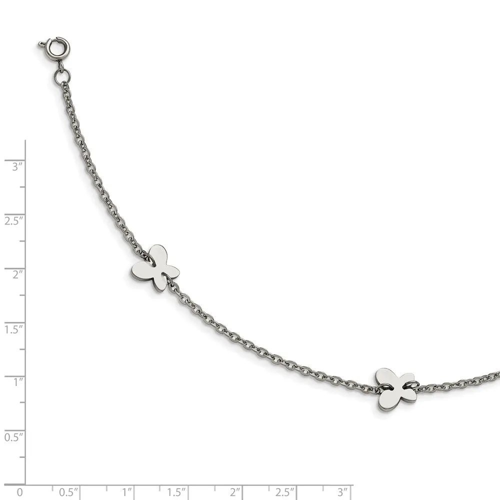Stainless Steel Polished Butterfly Charms w/1in ext. 9in Anklet