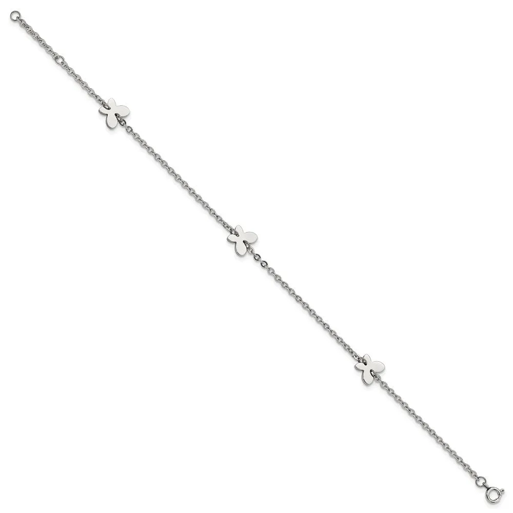 Stainless Steel Polished Butterfly Charms w/1in ext. 9in Anklet