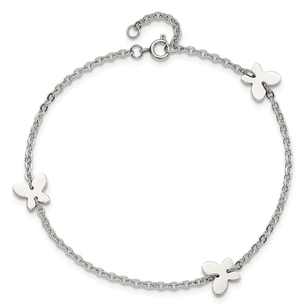 Stainless Steel Polished Butterfly Charms w/1in ext. 9in Anklet