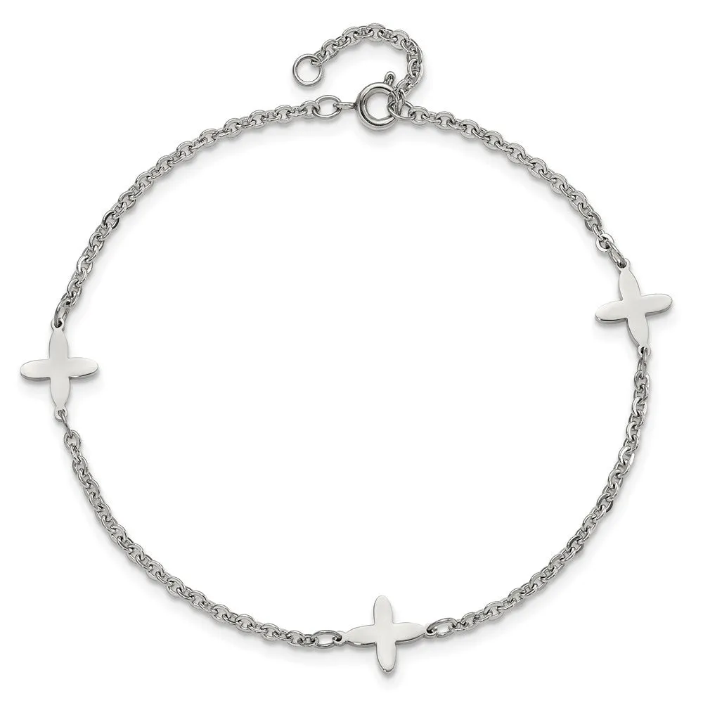 Stainless Steel Polished Cross Charms w/1in ext. 9in Anklet