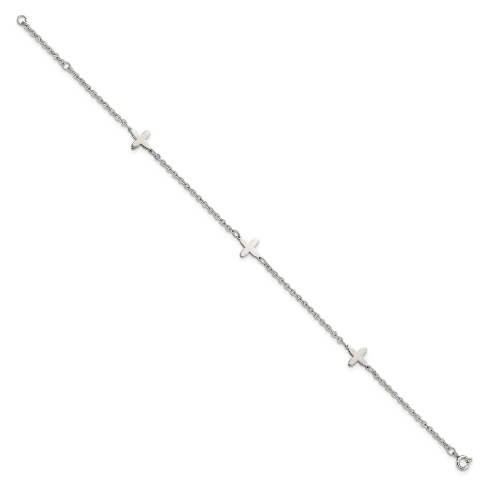 Stainless Steel Polished Cross Charms w/1in ext. 9in Anklet