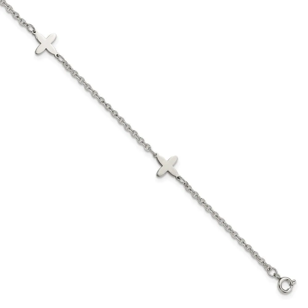 Stainless Steel Polished Cross Charms w/1in ext. 9in Anklet